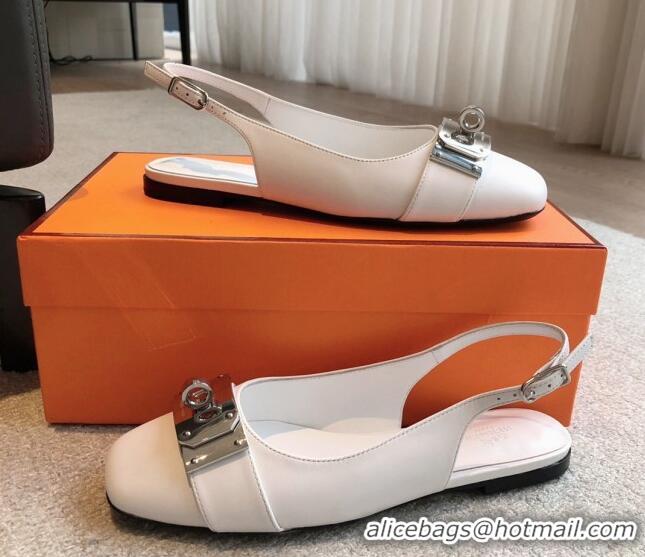 Top Grade Hermes Innocente Calfskin Slingback Ballet Flat with Oversized Kelly Buckle White 0226109