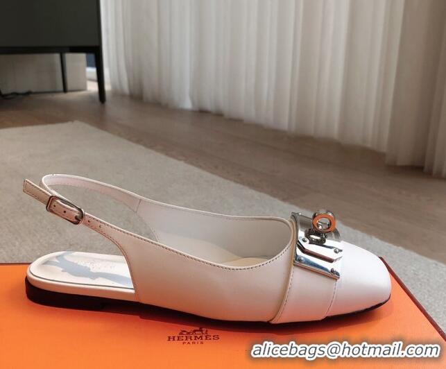 Top Grade Hermes Innocente Calfskin Slingback Ballet Flat with Oversized Kelly Buckle White 0226109