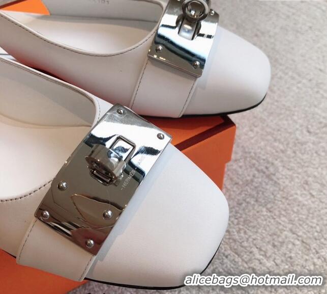 Top Grade Hermes Innocente Calfskin Slingback Ballet Flat with Oversized Kelly Buckle White 0226109