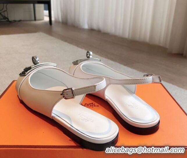 Top Grade Hermes Innocente Calfskin Slingback Ballet Flat with Oversized Kelly Buckle White 0226109