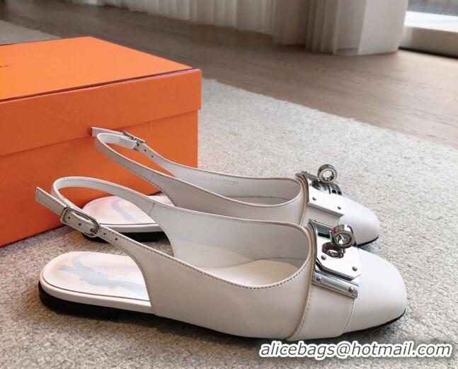 Top Grade Hermes Innocente Calfskin Slingback Ballet Flat with Oversized Kelly Buckle White 0226109