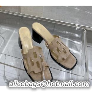 Popular Style Hermes Izzy Heel Slide Sandals 6cm in Suede Beige 0226110