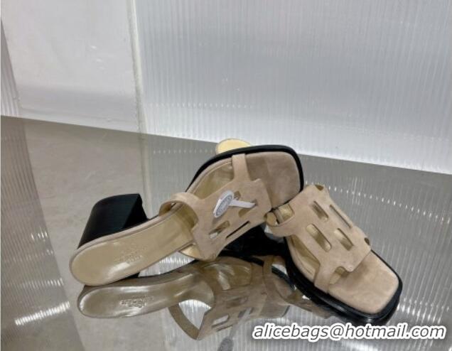 Popular Style Hermes Izzy Heel Slide Sandals 6cm in Suede Beige 0226110