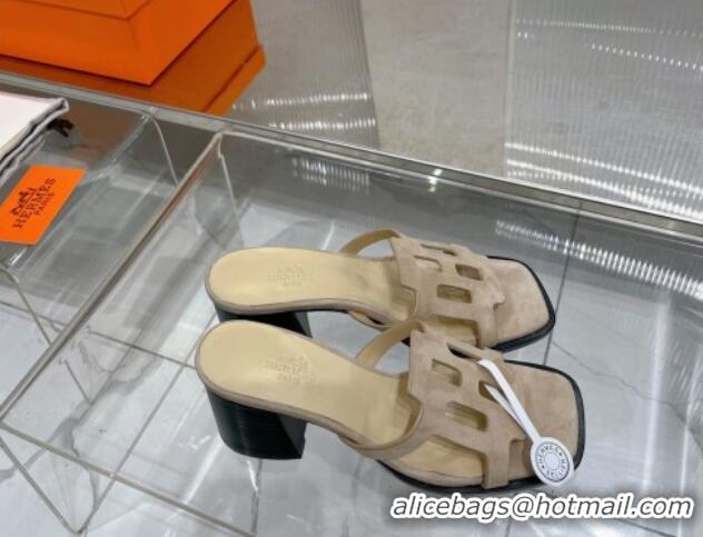 Popular Style Hermes Izzy Heel Slide Sandals 6cm in Suede Beige 0226110