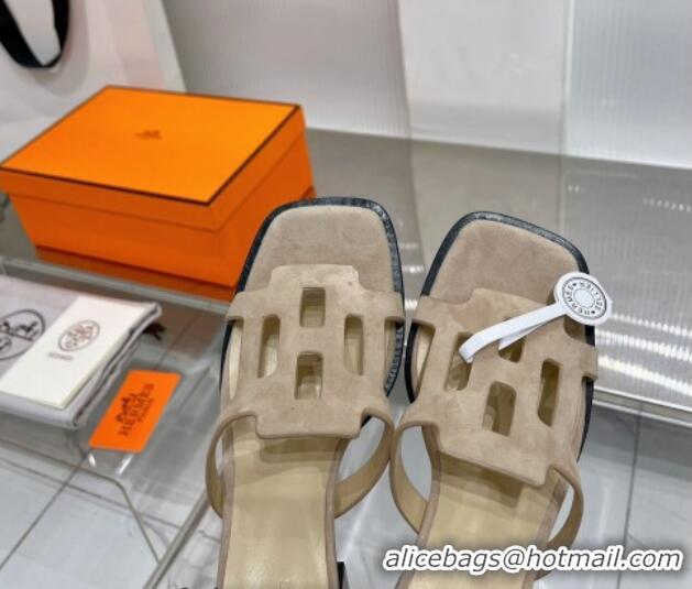 Popular Style Hermes Izzy Heel Slide Sandals 6cm in Suede Beige 0226110