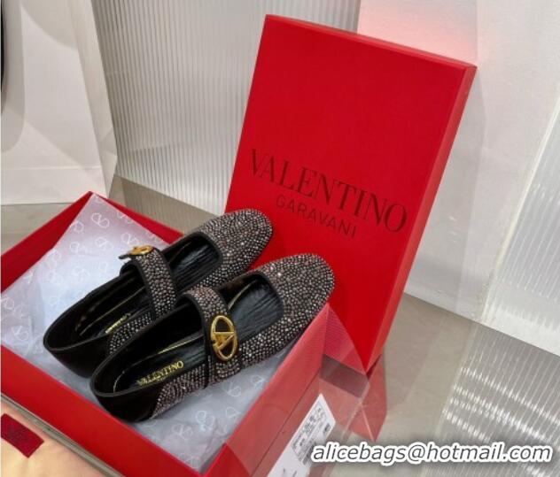 Unique Style Valentino VLogo Mary Janes Ballerinas Flat with Crystals Allover Black 0227001