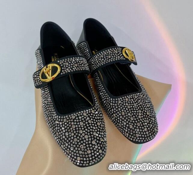 Unique Style Valentino VLogo Mary Janes Ballerinas Flat with Crystals Allover Black 0227001