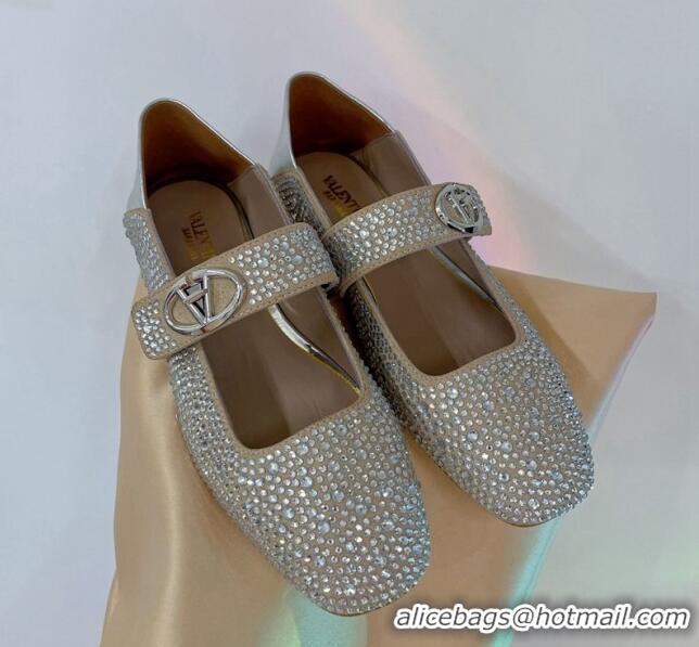 Good Looking Valentino VLogo Mary Janes Ballerinas Flat with Crystals Allover Beige 0227002