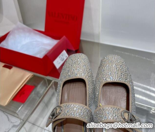 Good Looking Valentino VLogo Mary Janes Ballerinas Flat with Crystals Allover Beige 0227002