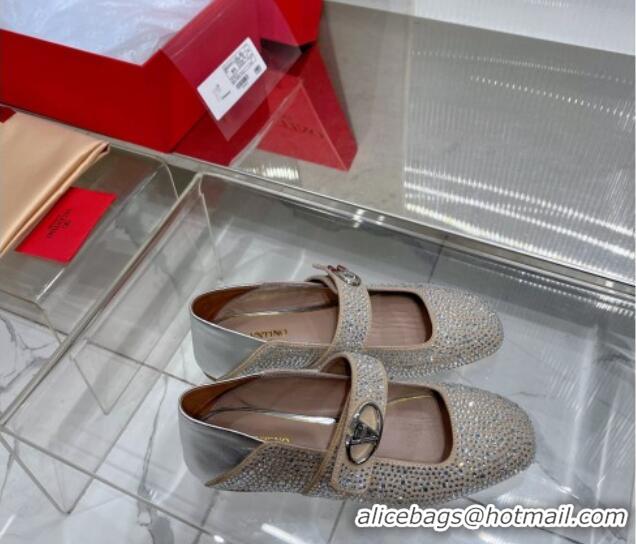 Good Looking Valentino VLogo Mary Janes Ballerinas Flat with Crystals Allover Beige 0227002