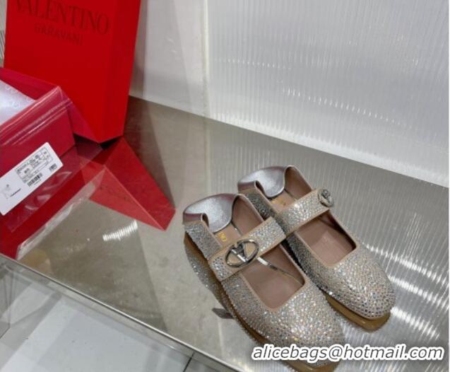 Good Looking Valentino VLogo Mary Janes Ballerinas Flat with Crystals Allover Beige 0227002