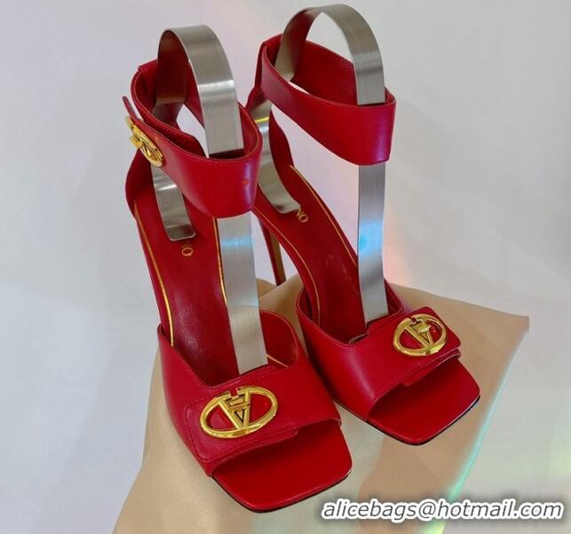 Classic Hot Valentino VLogo Heel Sandals 10cm Ankle Strap in Lambskin Red 0227007