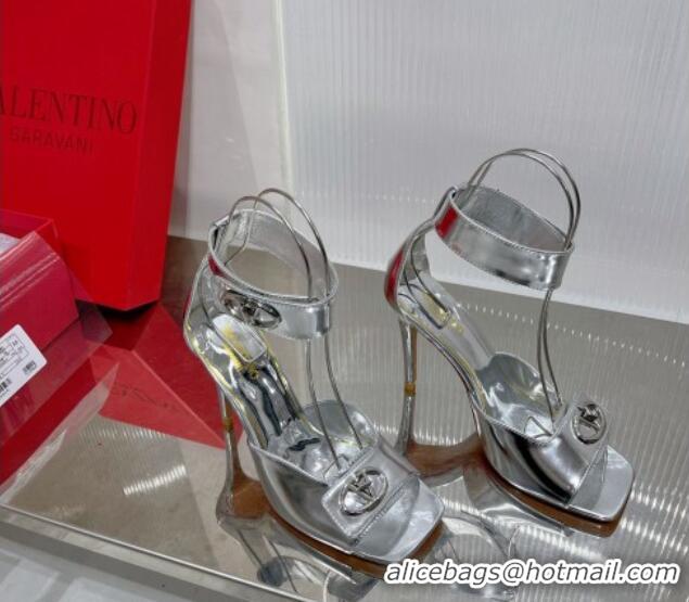 Top Grade Valentino VLogo Heel Sandals 10cm with Ankle Strap in Glazed Metallic Leather Silver 0227011