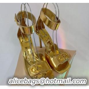 Luxury Valentino VLogo Heel Sandals 10cm with Ankle Strap in Glazed Metallic Leather Gold 0227012