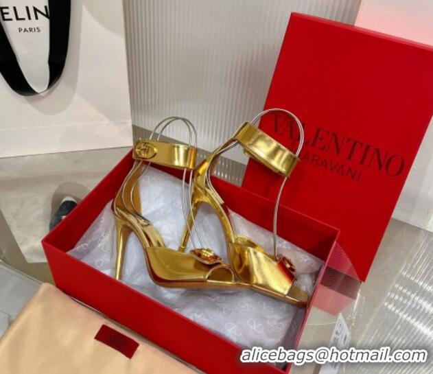 Luxury Valentino VLogo Heel Sandals 10cm with Ankle Strap in Glazed Metallic Leather Gold 0227012