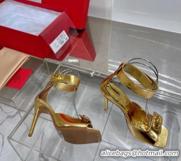 Luxury Valentino VLogo Heel Sandals 10cm with Ankle Strap in Glazed Metallic Leather Gold 0227012