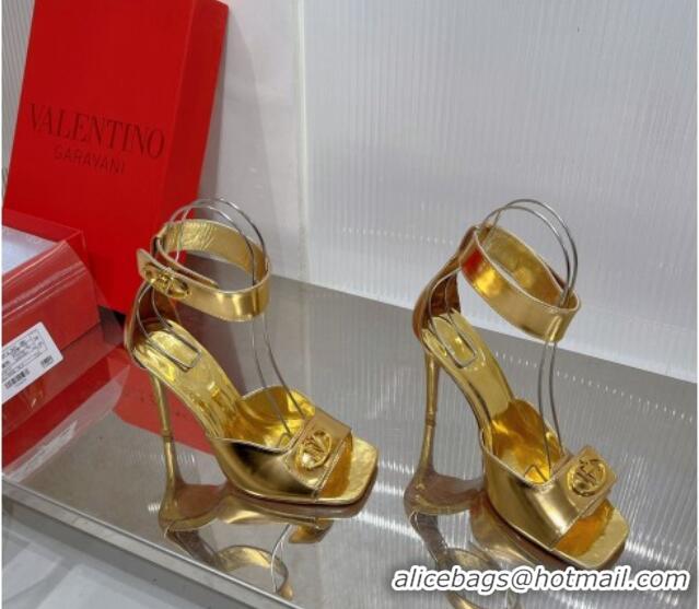 Luxury Valentino VLogo Heel Sandals 10cm with Ankle Strap in Glazed Metallic Leather Gold 0227012