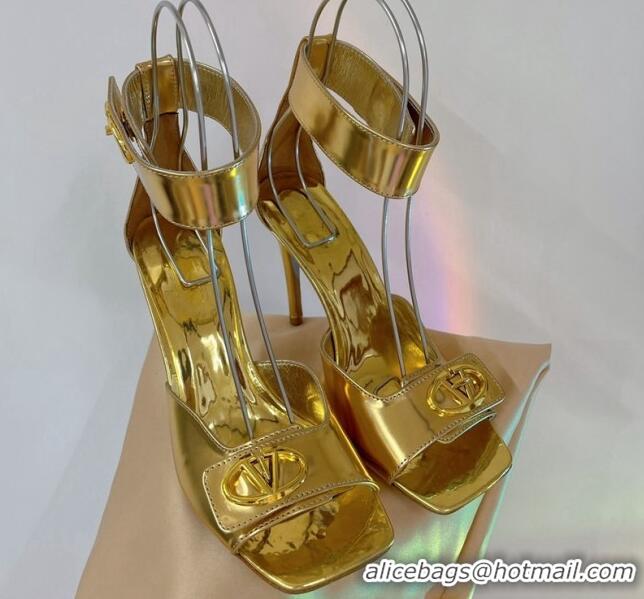 Luxury Valentino VLogo Heel Sandals 10cm with Ankle Strap in Glazed Metallic Leather Gold 0227012