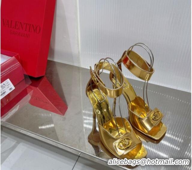 Luxury Valentino VLogo Heel Sandals 10cm with Ankle Strap in Glazed Metallic Leather Gold 0227012