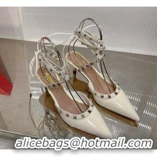 Popular Style Valentino Rockstud Pumps 6cm with Wrap Strap and Lace-ups in Patent Leather White 0227013