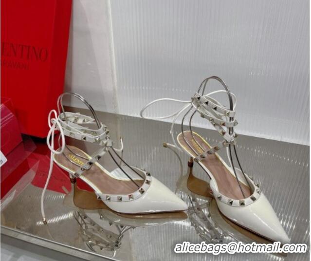 Popular Style Valentino Rockstud Pumps 6cm with Wrap Strap and Lace-ups in Patent Leather White 0227013