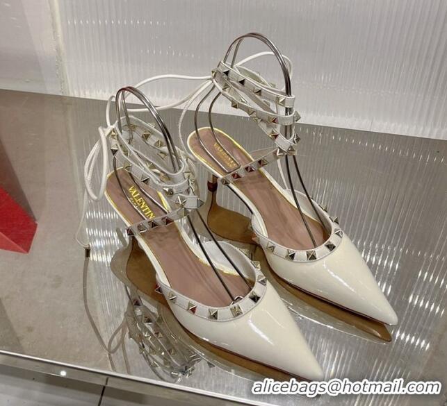 Popular Style Valentino Rockstud Pumps 6cm with Wrap Strap and Lace-ups in Patent Leather White 0227013