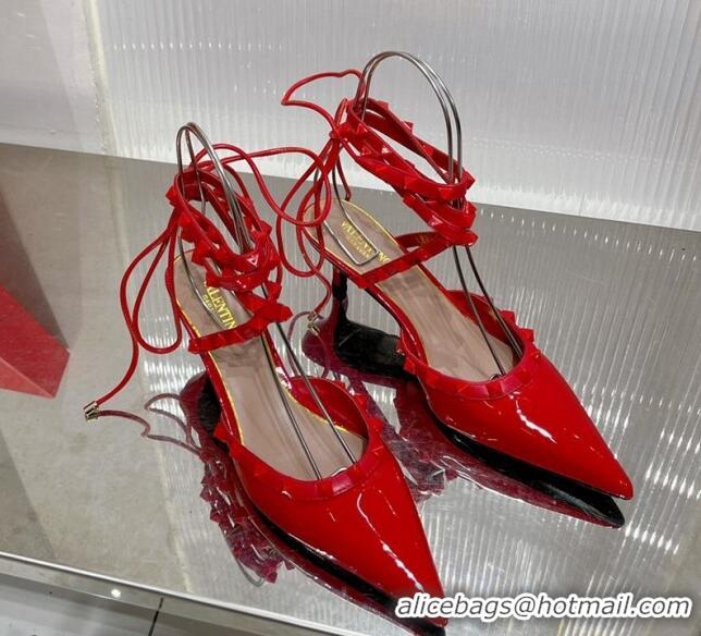 Perfect Valentino Rockstud Pumps 6cm with Wrap Strap and Lace-ups in Patent Leather Red 0227014