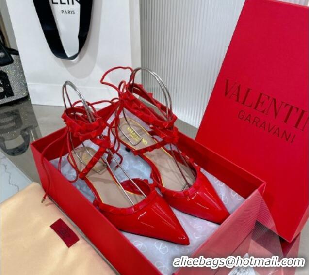 Perfect Valentino Rockstud Pumps 6cm with Wrap Strap and Lace-ups in Patent Leather Red 0227014