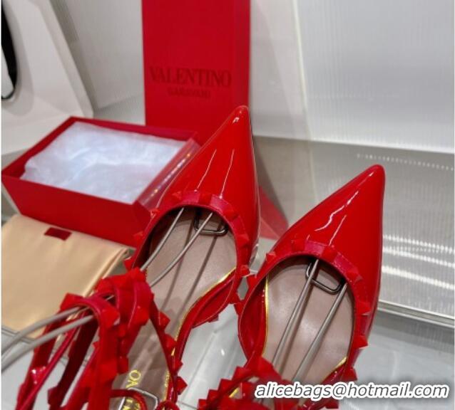 Perfect Valentino Rockstud Pumps 6cm with Wrap Strap and Lace-ups in Patent Leather Red 0227014