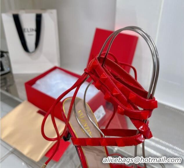 Perfect Valentino Rockstud Pumps 6cm with Wrap Strap and Lace-ups in Patent Leather Red 0227014