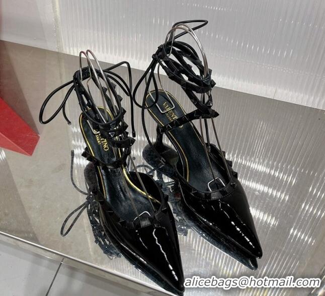 Good Looking Valentino Rockstud Pumps 6cm with Wrap Strap and Lace-ups in Patent Leather Black 0227015