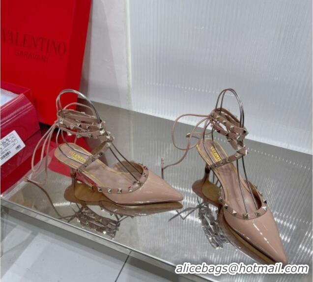 Best Product Valentino Rockstud Pumps 6cm with Wrap Strap and Lace-ups in Patent Leather Nude 0227016