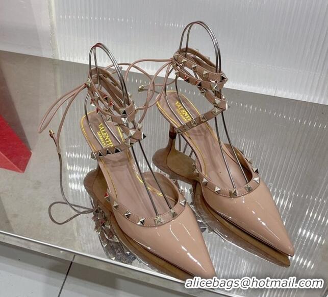 Best Product Valentino Rockstud Pumps 6cm with Wrap Strap and Lace-ups in Patent Leather Nude 0227016