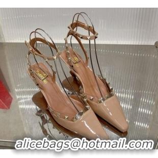 Best Grade Valentino Roman Stud Open Pumps 5.8cm with Ankle Strap in Patent Leather Nude 0227029