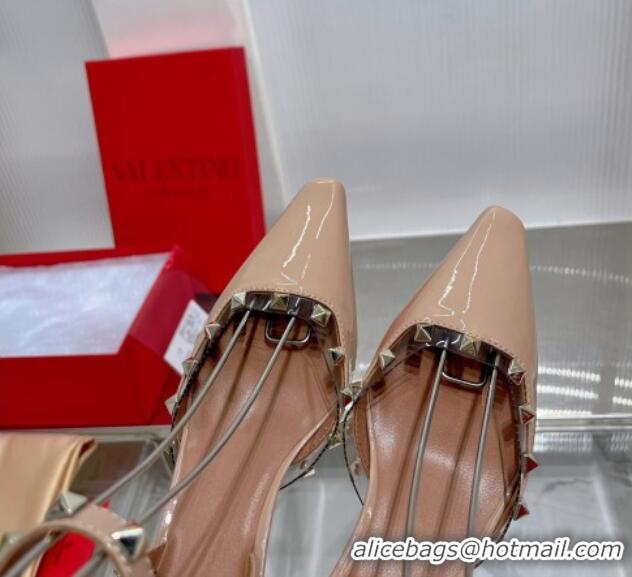 Best Grade Valentino Roman Stud Open Pumps 5.8cm with Ankle Strap in Patent Leather Nude 0227029