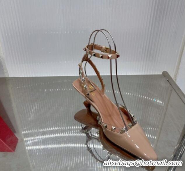 Best Grade Valentino Roman Stud Open Pumps 5.8cm with Ankle Strap in Patent Leather Nude 0227029