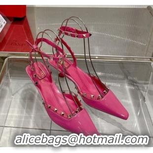 Top Grade Valentino Roman Stud Open Pumps 5.8cm with Ankle Strap in Patent Leather Pink 0227030