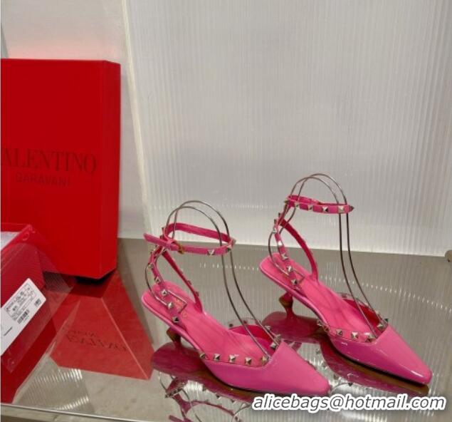 Top Grade Valentino Roman Stud Open Pumps 5.8cm with Ankle Strap in Patent Leather Pink 0227030