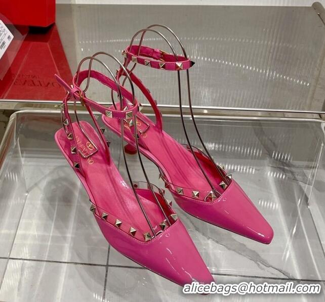 Top Grade Valentino Roman Stud Open Pumps 5.8cm with Ankle Strap in Patent Leather Pink 0227030