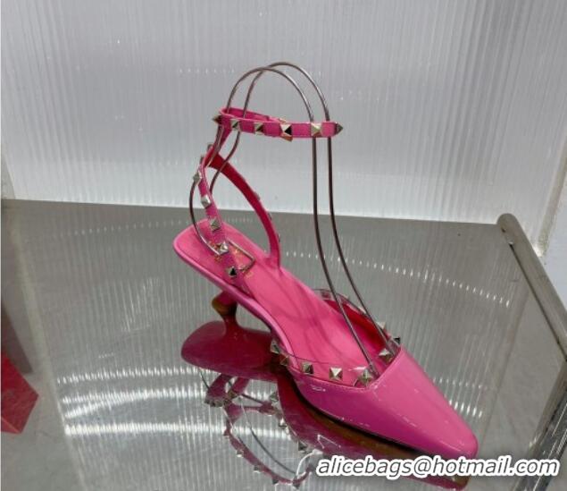 Top Grade Valentino Roman Stud Open Pumps 5.8cm with Ankle Strap in Patent Leather Pink 0227030