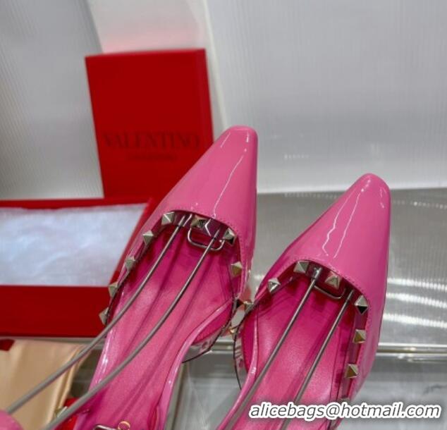 Top Grade Valentino Roman Stud Open Pumps 5.8cm with Ankle Strap in Patent Leather Pink 0227030