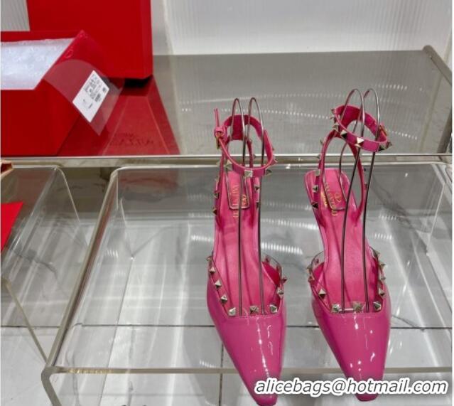 Top Grade Valentino Roman Stud Open Pumps 5.8cm with Ankle Strap in Patent Leather Pink 0227030