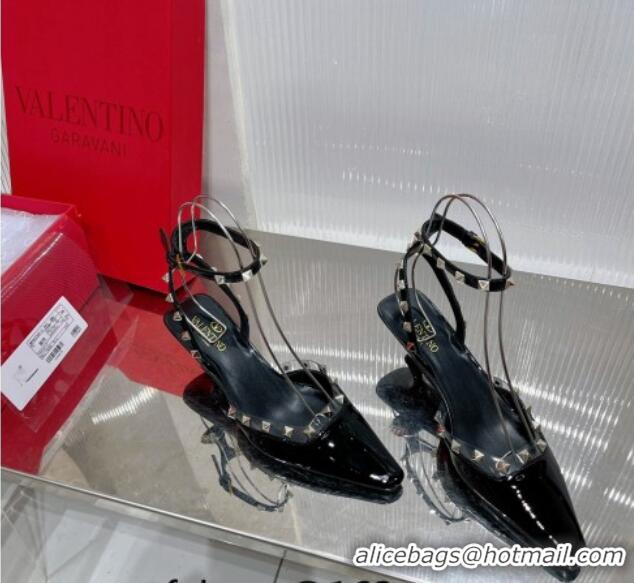 Classic Hot Valentino Roman Stud Open Pumps 5.8cm with Ankle Strap in Patent Leather Black 0227031