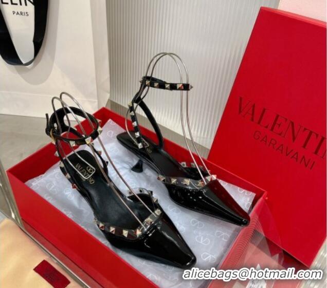 Classic Hot Valentino Roman Stud Open Pumps 5.8cm with Ankle Strap in Patent Leather Black 0227031