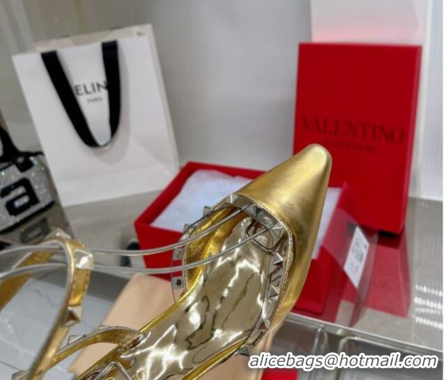 Best Price Valentino Roman Stud Open Pumps 5.8cm with Ankle Strap in Glazed Metallic Leather Gold 0227032