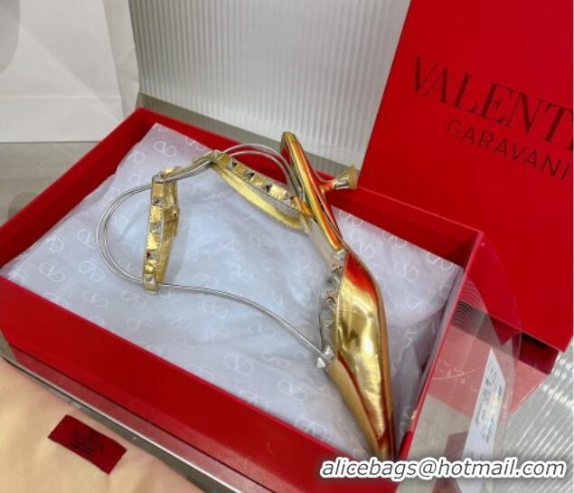 Best Price Valentino Roman Stud Open Pumps 5.8cm with Ankle Strap in Glazed Metallic Leather Gold 0227032