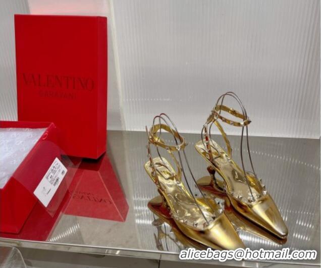 Best Price Valentino Roman Stud Open Pumps 5.8cm with Ankle Strap in Glazed Metallic Leather Gold 0227032