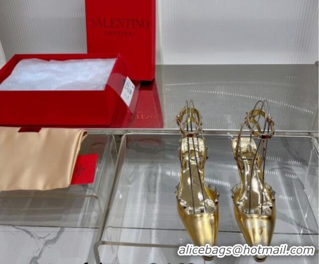 Best Price Valentino Roman Stud Open Pumps 5.8cm with Ankle Strap in Glazed Metallic Leather Gold 0227032