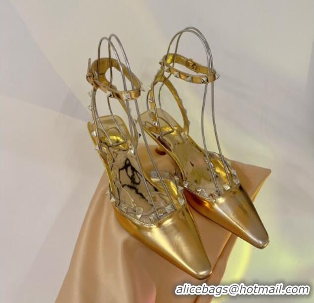 Best Price Valentino Roman Stud Open Pumps 5.8cm with Ankle Strap in Glazed Metallic Leather Gold 0227032