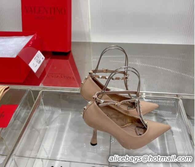 Purchase Valentino Roman Stud Pumps 10cm with Ankle Strap in Patent Leather Nude 227034